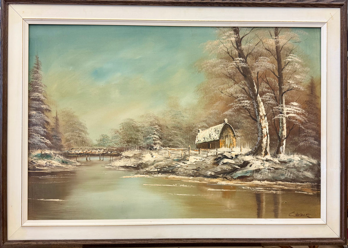 Frosty River Retreat: Original Textured Winter Cabin Oil Painting by Carnar