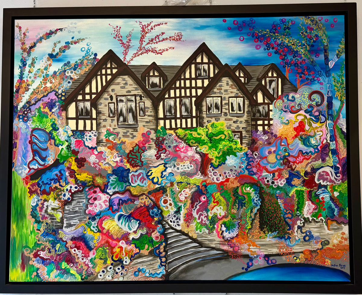 Old Kingsway House Front Garden Vibrant Tudor Architectural Dreamscape: Original 2015 Custom Expressionist Masterpiece by Toronto Artist Justine Elizabeth Fernie