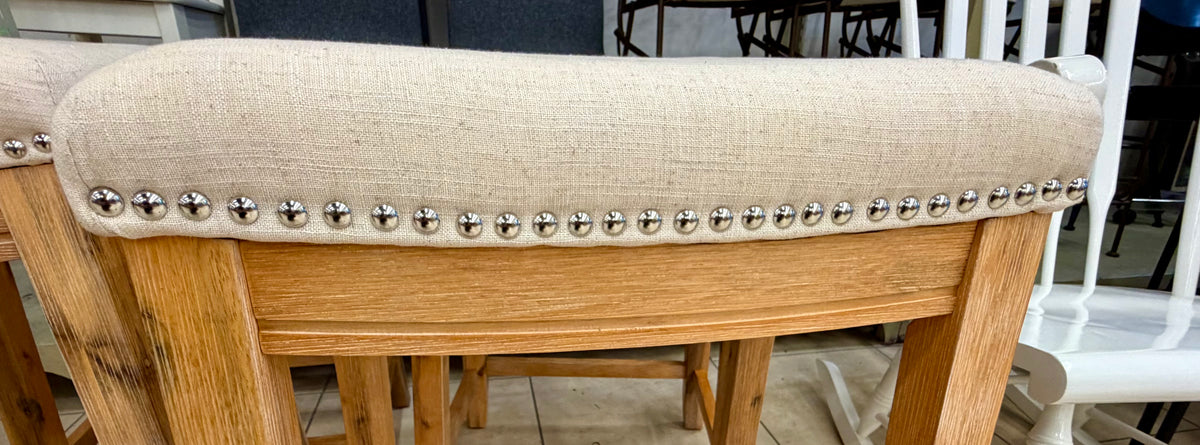 Set of Four Linen Upholstered Counter Height Barstools with Nailhead Trim