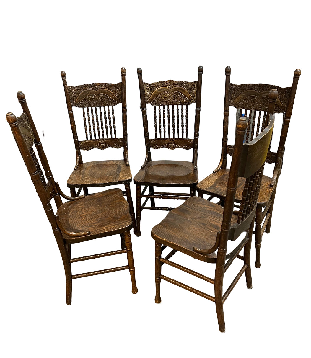 5-Piece Antique Solid Oak Dining Chair Set – Classic Spindle-Back Design