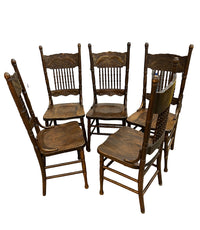 5-Piece Antique Solid Oak Dining Chair Set – Classic Spindle-Back Design