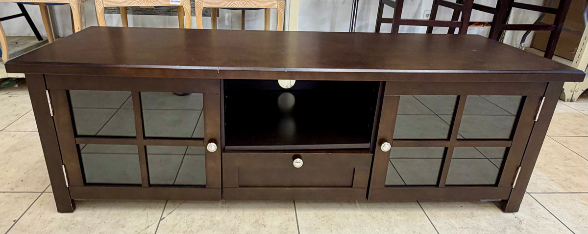 Sturdy Espresso Media Console with Glass Cabinet Doors and Center Drawer