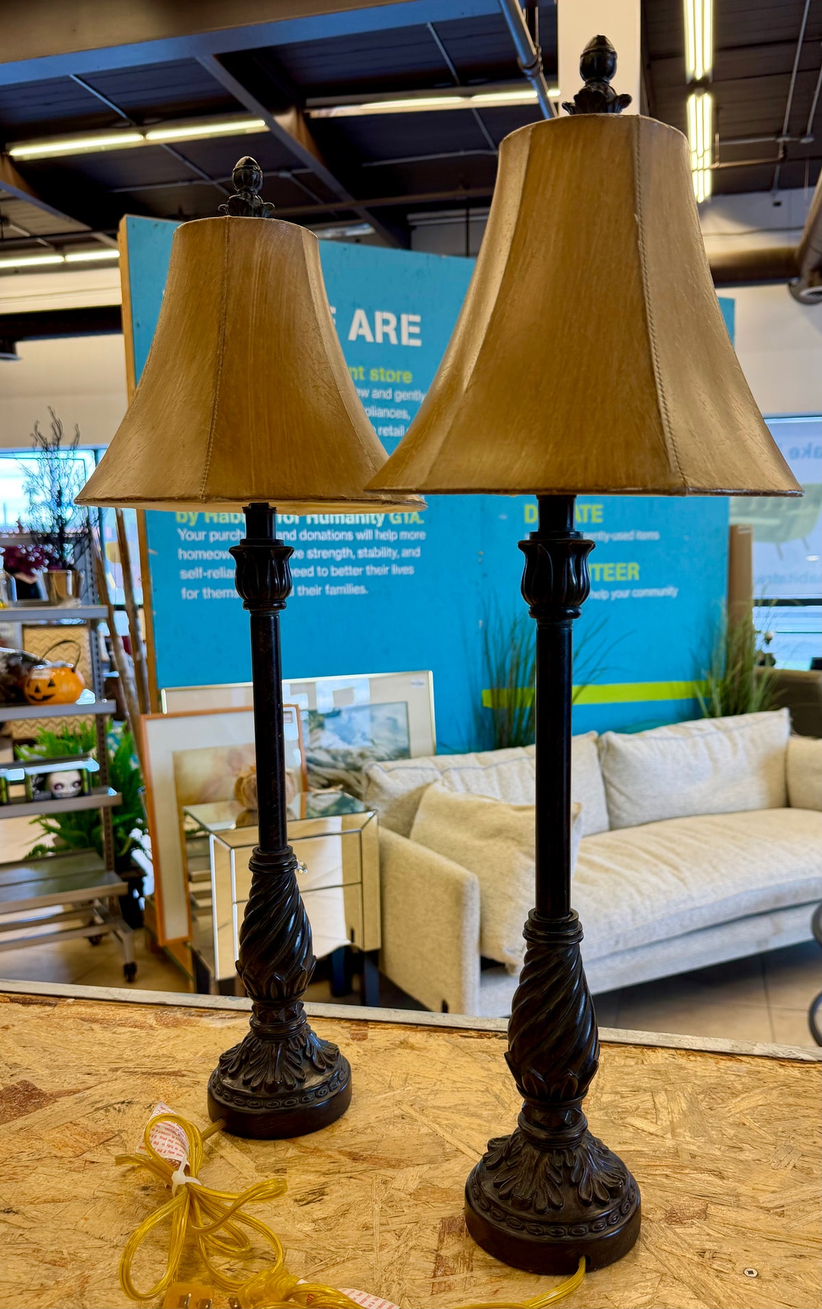Set of 2 - Elegant Traditional Bronze Spiral Stem Buffet Lamps with Faux Leather Bell Shades