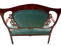 Vintage Tufted Settee / Loveseat – Emerald Green & Ornate Carved Wood
