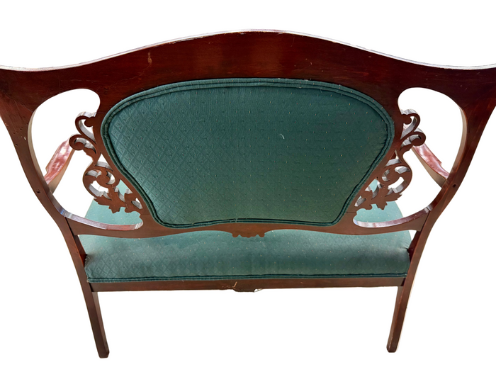 Vintage Tufted Settee / Loveseat – Emerald Green & Ornate Carved Wood