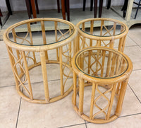 Vintage Boho Chic Nesting Rattan and Glass Accent Tables Set of 3