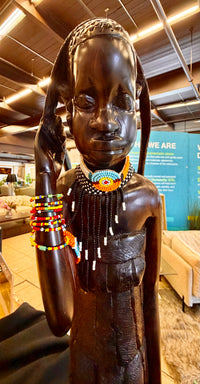 Hand-Carved Wooden African Woman Figurine with Traditional Gourd and Vibrant Beadwork