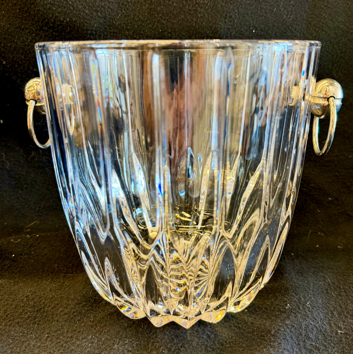 Vintage Heavy Cut Glass Ice Bucket — Radiant Fluted Crystalline Design with Metal Ring Handles