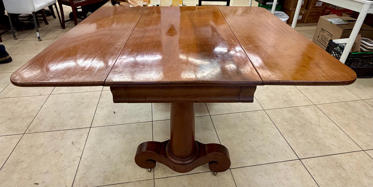 Antique Empire-Style Mahogany Drop-Leaf Pedestal Dining Table