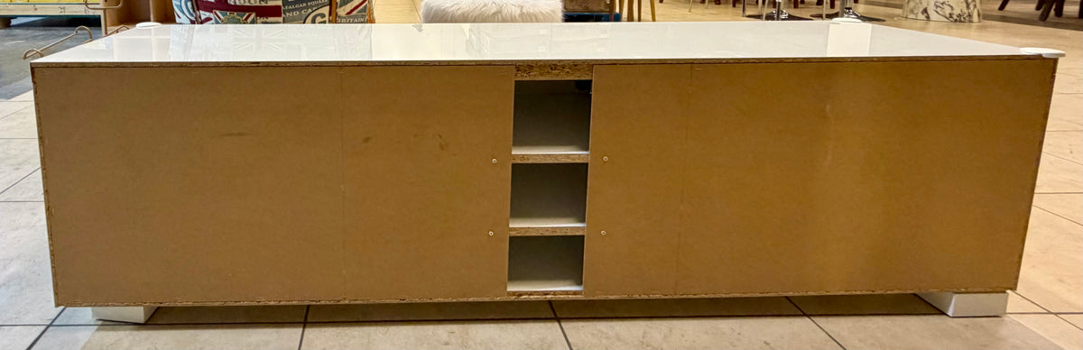 Modern High-Gloss White Low-Profile TV Bench & Media Console Console with Storage Drawers & Shelves