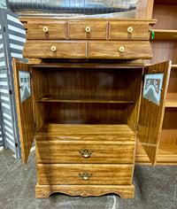 Charming Reproduction Vintage Oak Finished Multi-Tier Storage Armoire with Glass Accents