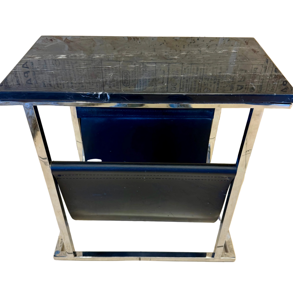 Sleek Modern Black Marble and Chrome Accent Table with Integrated Magazine Sling