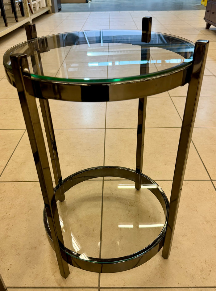 Modern Minimalist: Matching Pair of Gunmetal & Glass End Tables