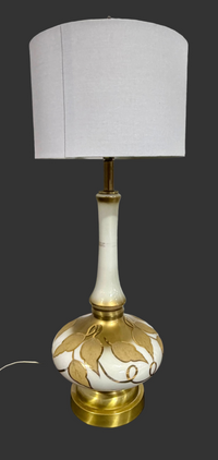 Vintage Mid-Century White and Gilded Gold Leaf Statement Table Lamp with Drum Shade