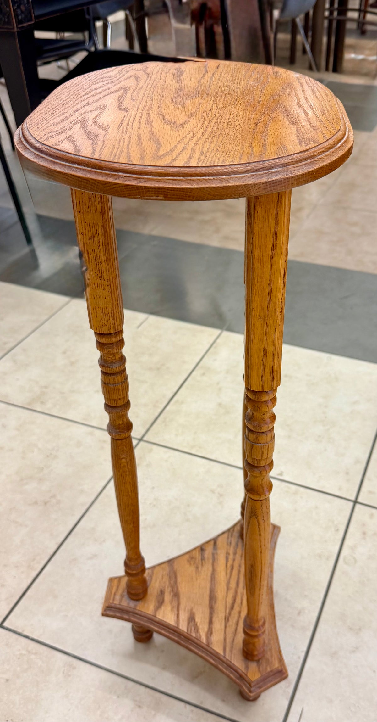 Vintage Turned Oak Pedestal Plant Stand with Oval Top and Tripod Spindle Base