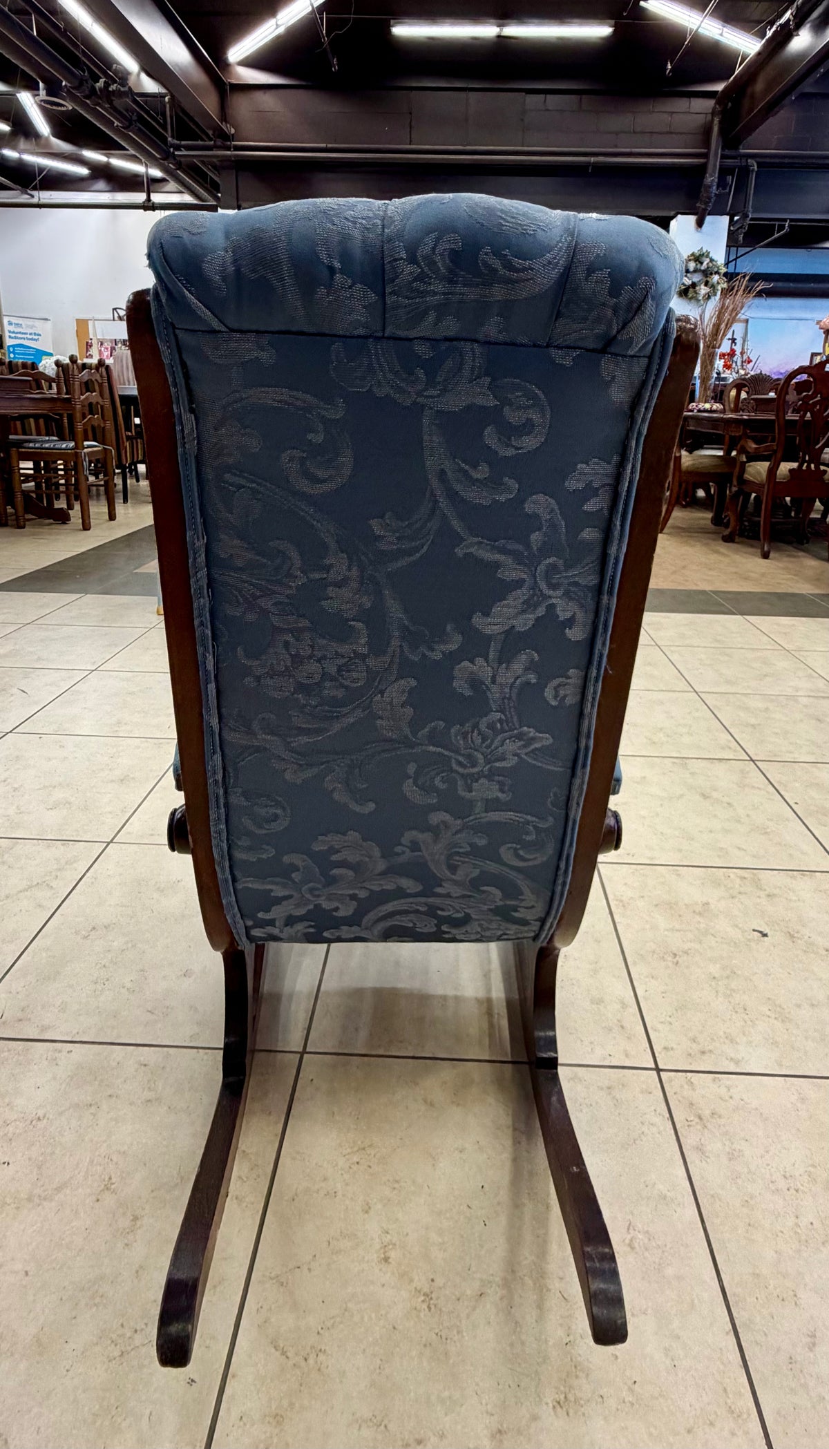 Vintage Victorian-Era Style Carved Wood Platform Rocking Chair in Powder Blue Damask