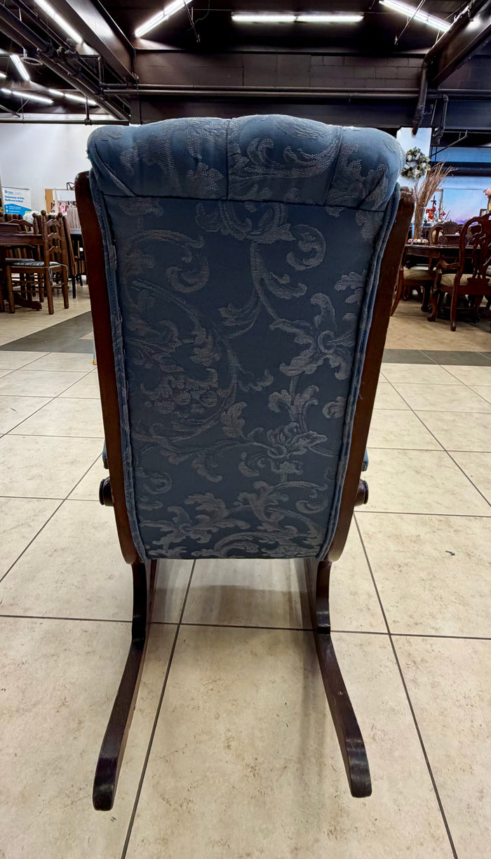 Vintage Victorian-Era Style Carved Wood Platform Rocking Chair in Powder Blue Damask