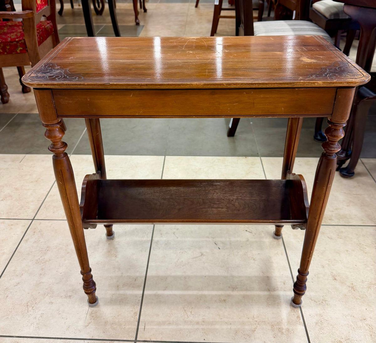 Antique Turn-of-the-Century Walnut Parlor Table with Removable White Marble Top and Magazine Rack