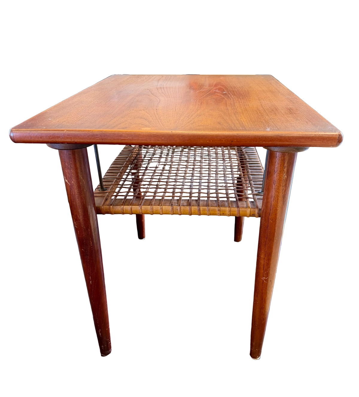 Mid-Century Modern Teak Side Table with Woven Rattan Shelf – Danish Style