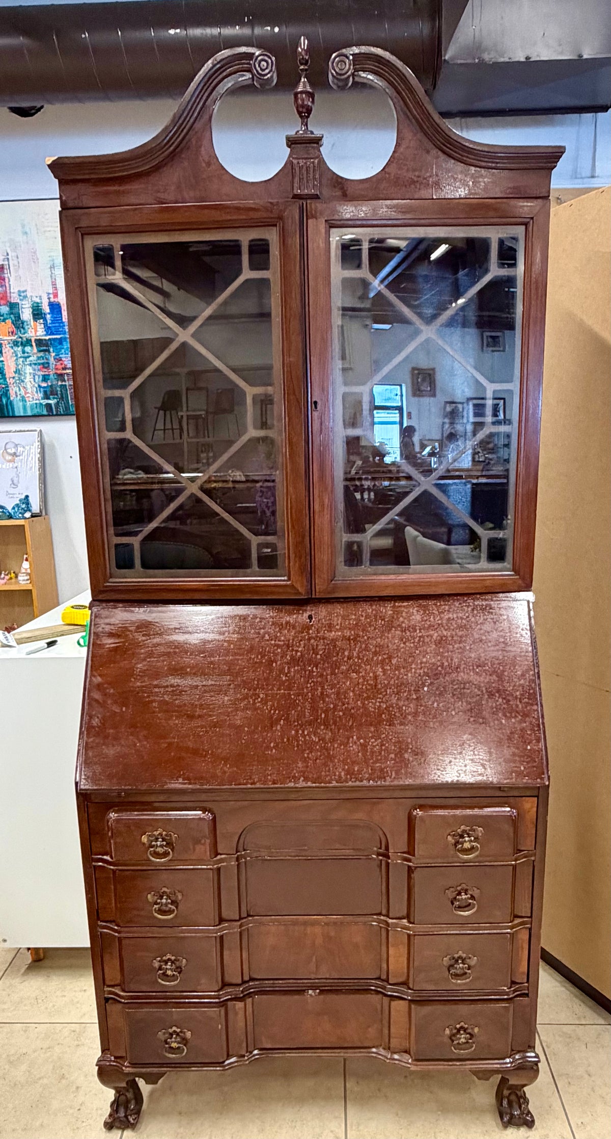 Vintage Chippendale Style Secretary Desk with Glass Bookcase Top