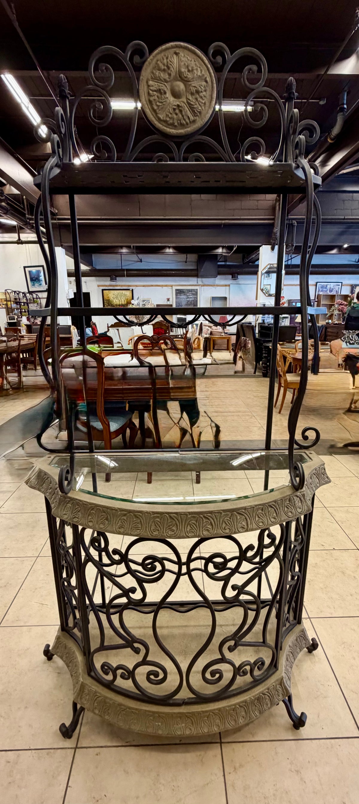 Ornate Mediterranean Wrought Iron Wine Bar & Baker's Rack with Carved Stone-Look Trim