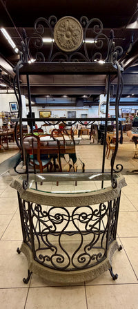 Ornate Mediterranean Wrought Iron Wine Bar & Baker's Rack with Carved Stone-Look Trim