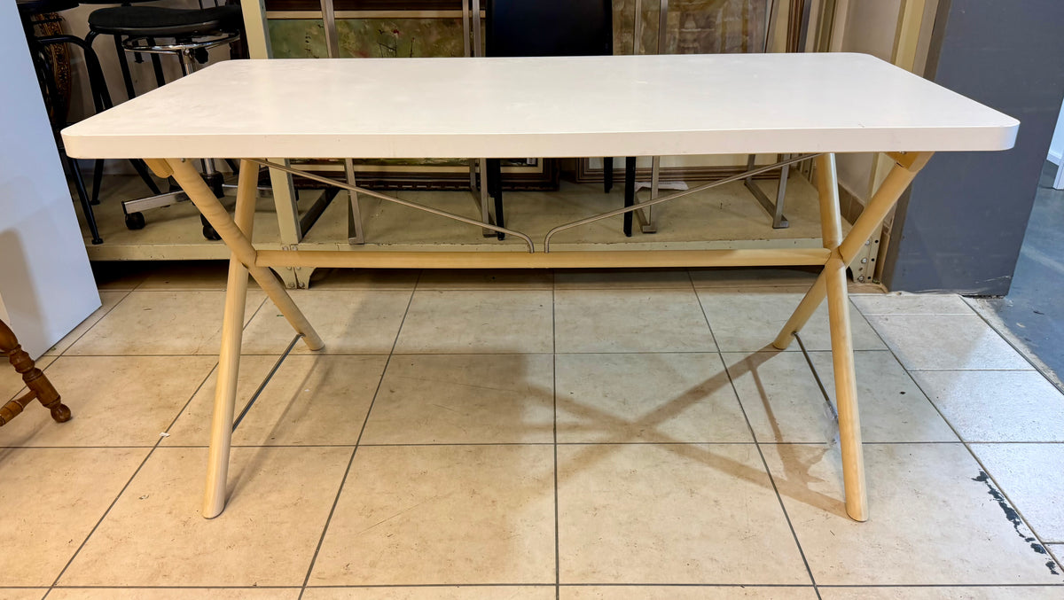 Modern Minimalist White Top Desk with Cross-Leg Wood-Tone Support