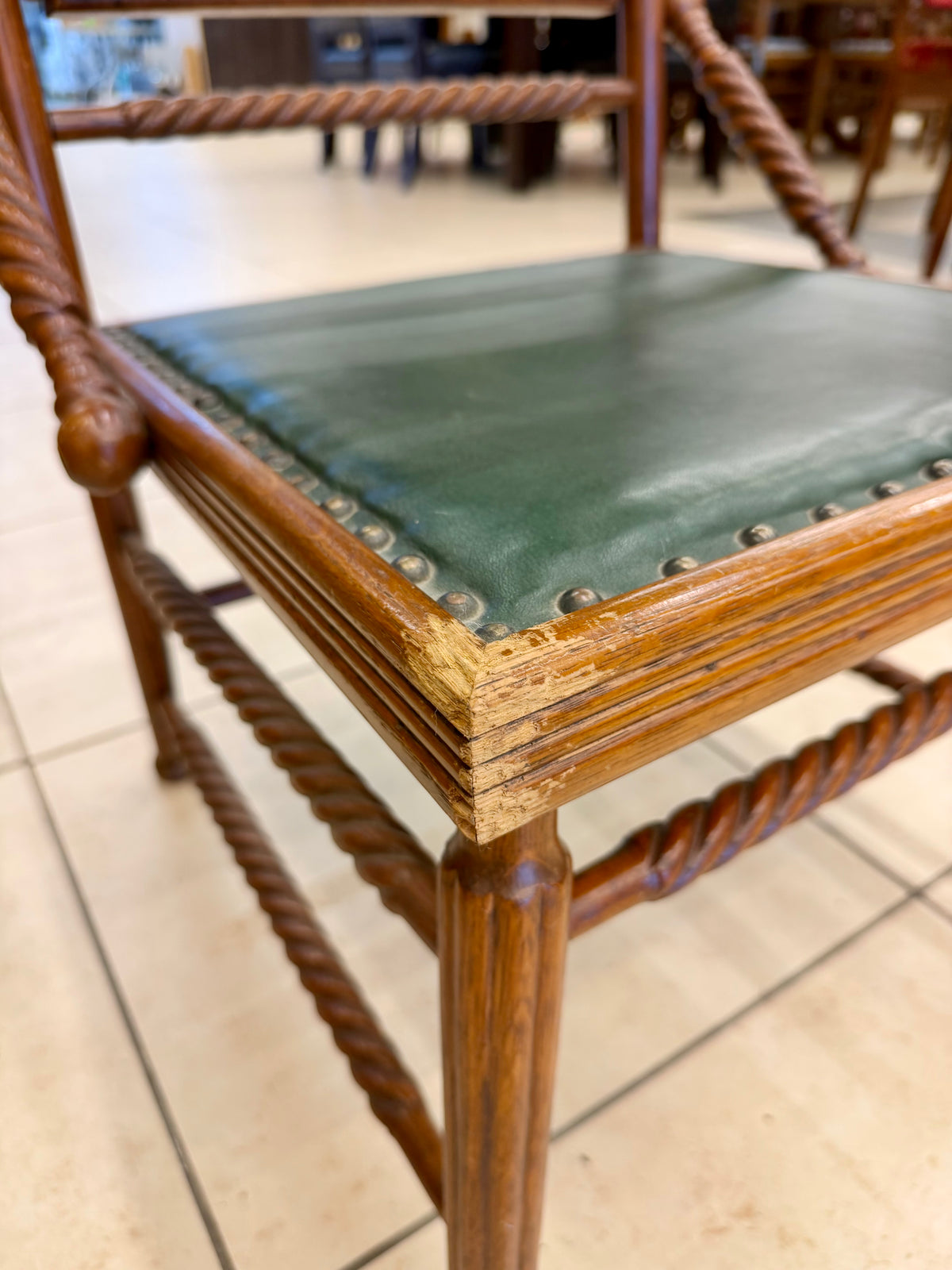 Charming Antique Victorian Barley Twist Accent Chair with Deep Green Upholstery