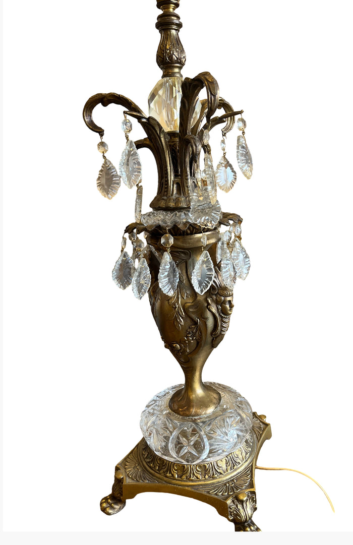 Vintage Ornate Brass & Bronze Table Lamp w/Crystals