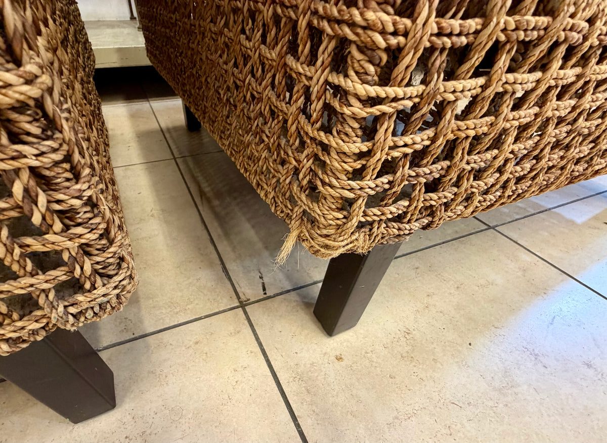 Woven Seagrass & Linen Armchairs (Pair)