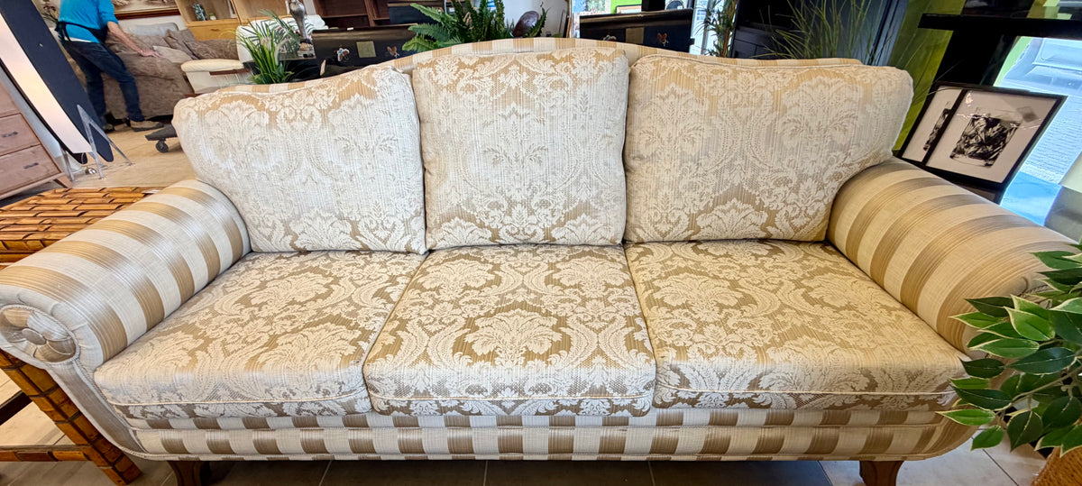 Custom-Crafted Elegance: Long Gold Damask and Striped Statement Sofa