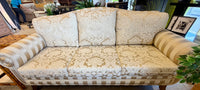 Custom-Crafted Elegance: Long Gold Damask and Striped Statement Sofa