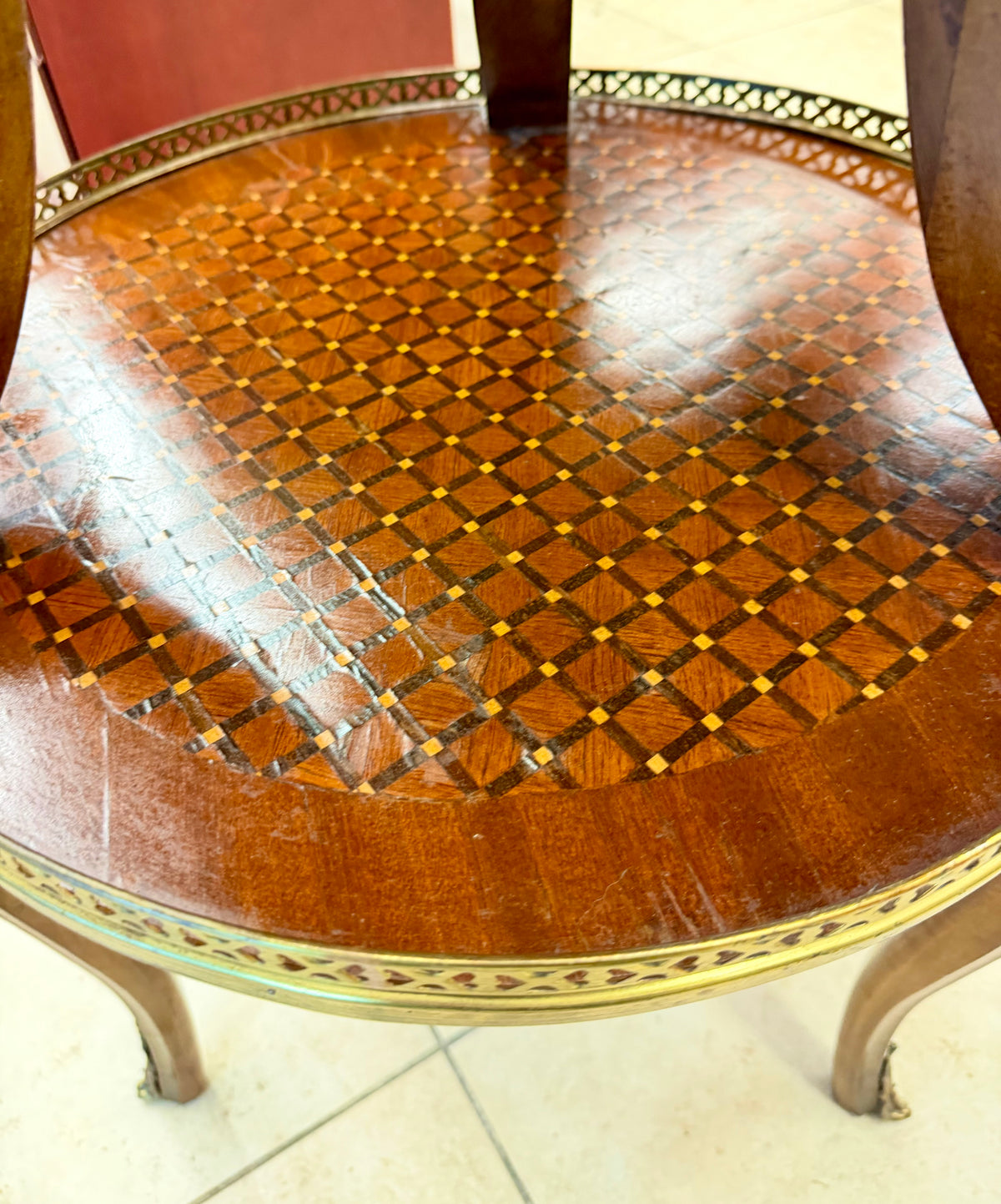 French-Style Marquetry Two-Tier Side Table with Brass Gallery and Ormolu Accents