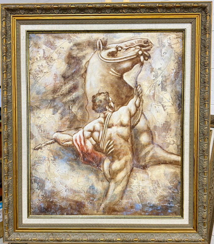 Striking Classical Neoclassical Style Horse & Male Figure Oil Paintings by J. Markham – Pair