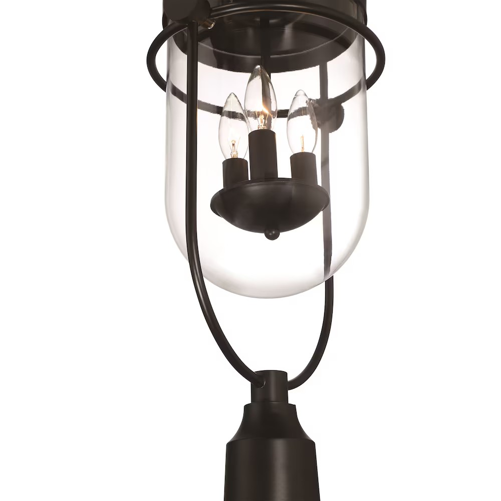 Lowell 3-Light 10"H Outdoor Post Mount Lantern Light, Black Metal & Clear Glass