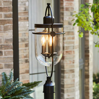 GlucksteinElements Lowell 3-Light 10-inch H Outdoor Post Mount Lantern Light Black Metal Finish with Clear Glass