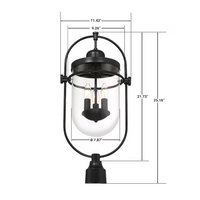 GlucksteinElements Lowell 3-Light 10-inch H Outdoor Post Mount Lantern Light Black Metal Finish with Clear Glass