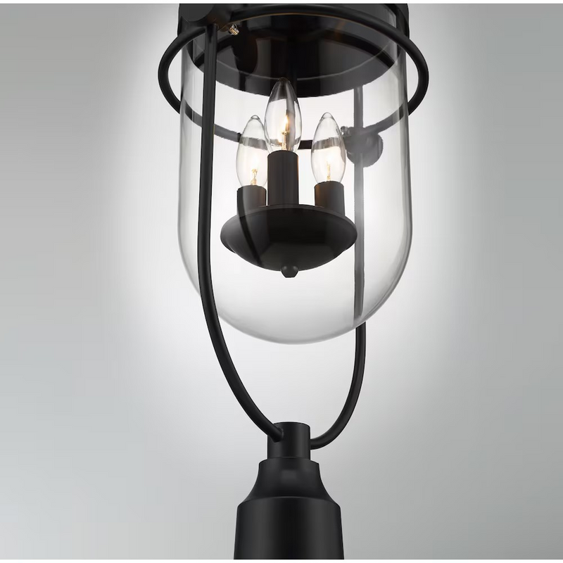 GlucksteinElements Lowell 3-Light 10-inch H Outdoor Post Mount Lantern Light Black Metal Finish with Clear Glass