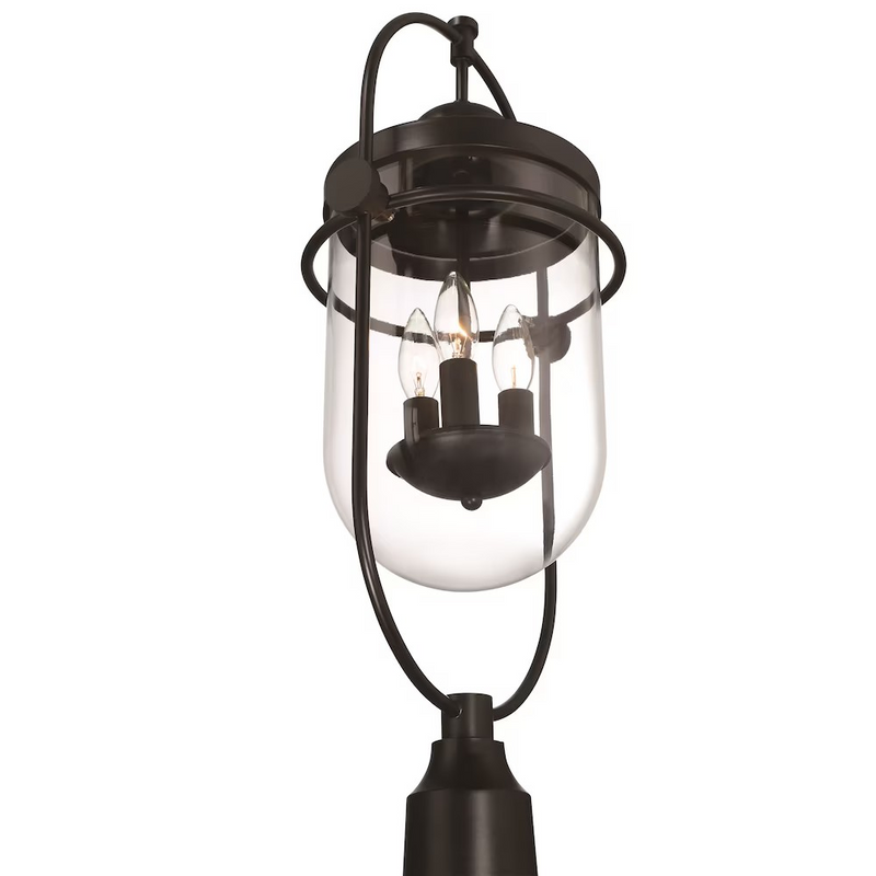 Lowell 3-Light 10"H Outdoor Post Mount Lantern Light, Black Metal & Clear Glass