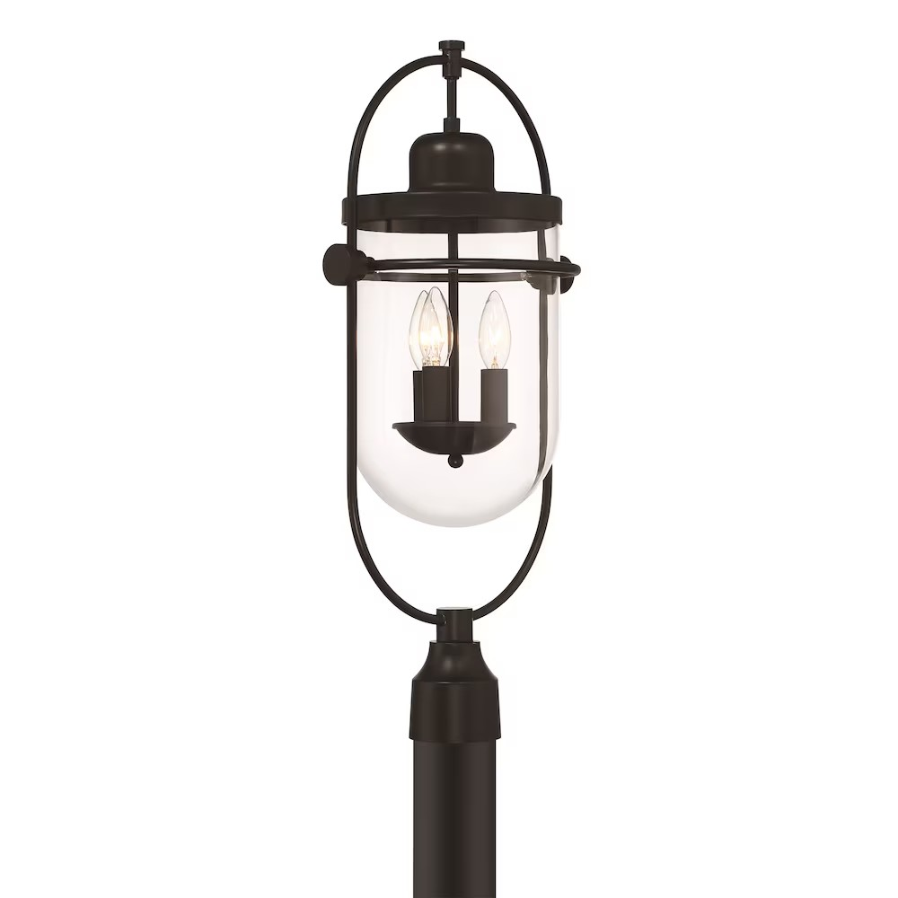 Lowell 3-Light 10"H Outdoor Post Mount Lantern Light, Black Metal & Clear Glass