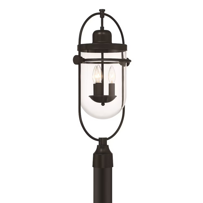 GlucksteinElements Lowell 3-Light 10-inch H Outdoor Post Mount Lantern Light Black Metal Finish with Clear Glass