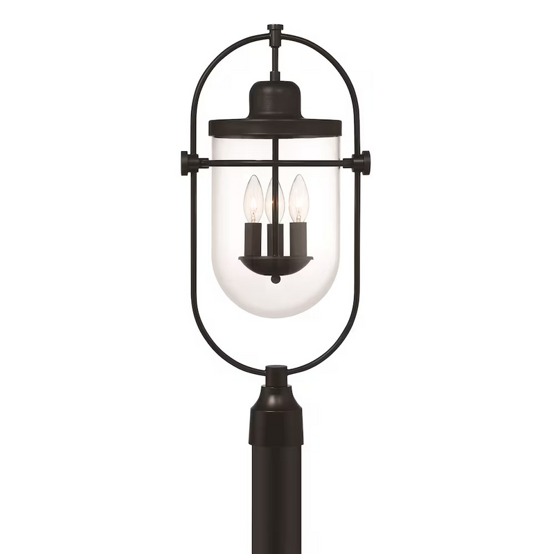 Lowell 3-Light 10"H Outdoor Post Mount Lantern Light, Black Metal & Clear Glass