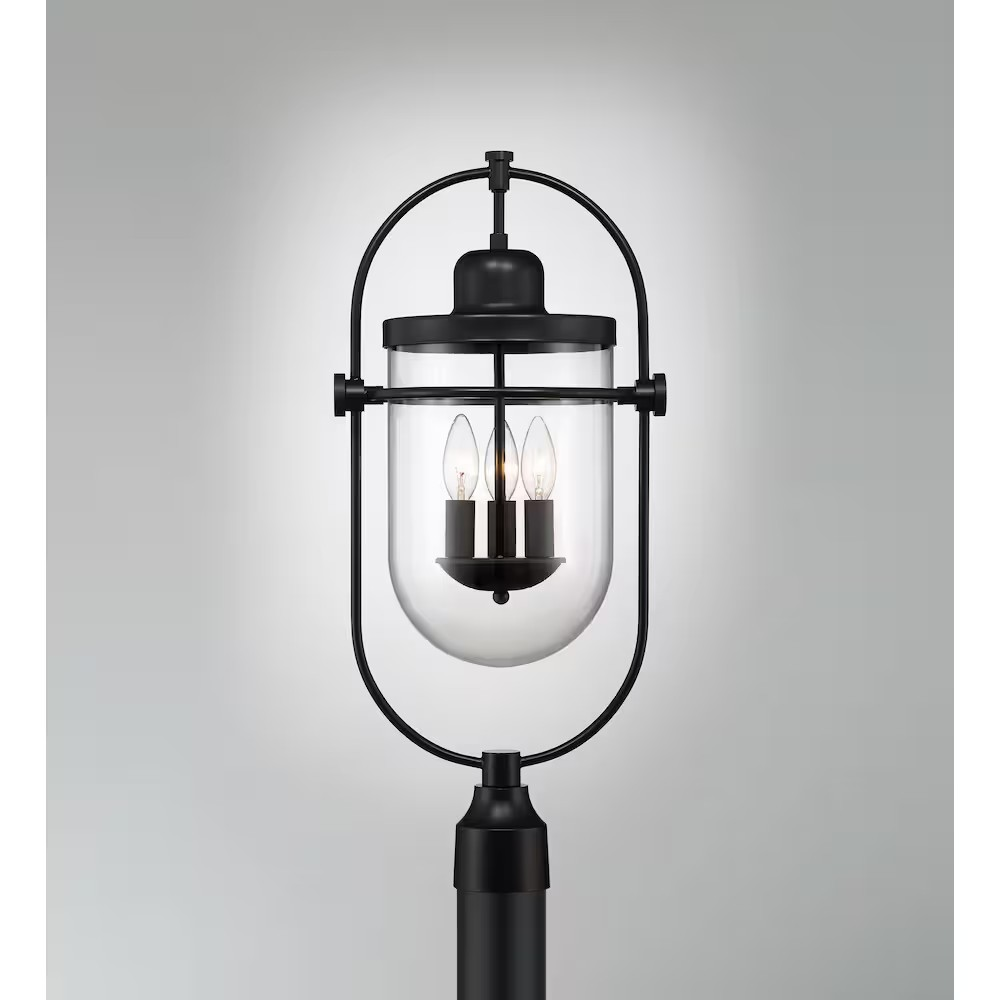 GlucksteinElements Lowell 3-Light 10-inch H Outdoor Post Mount Lantern Light Black Metal Finish with Clear Glass