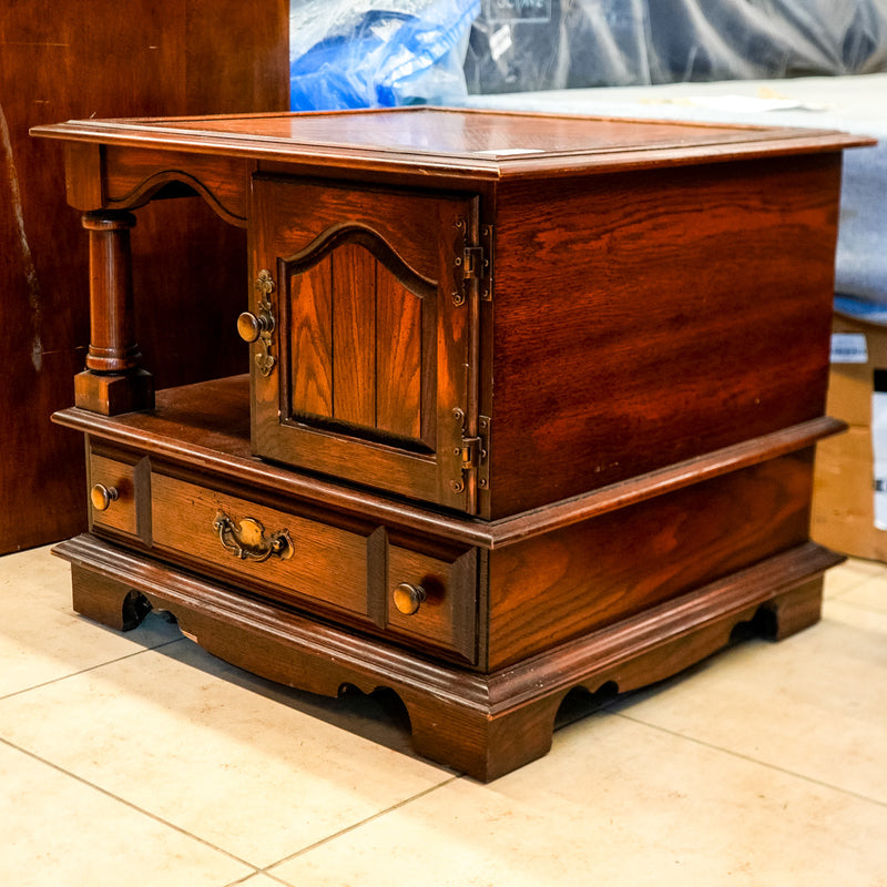 Wooden Side Table with Open Shelf & Cabinet in Dark Finish
