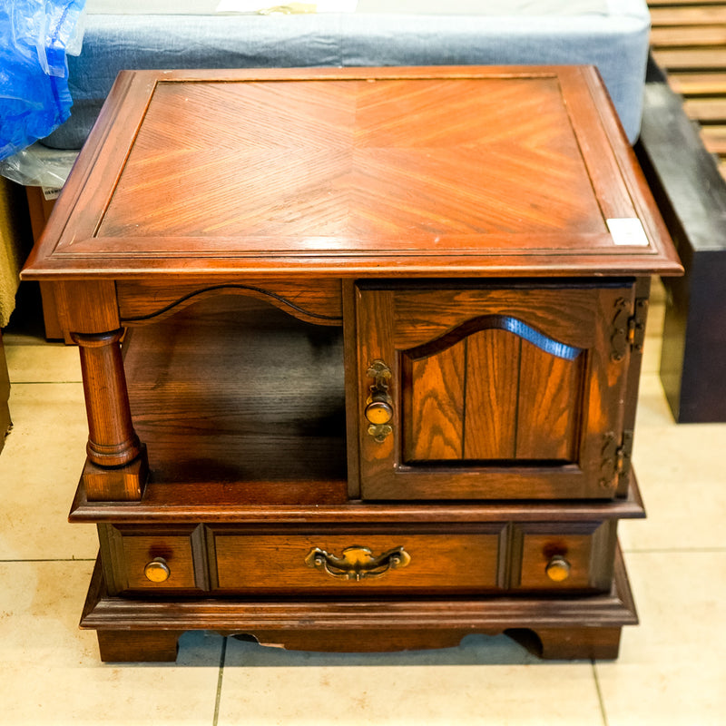 Wooden Side Table with Open Shelf & Cabinet in Dark Finish