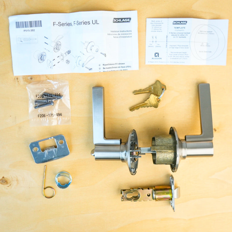 Schlage F51A LAT 619 Satin Nickel Latitude Keyed Entry Lever