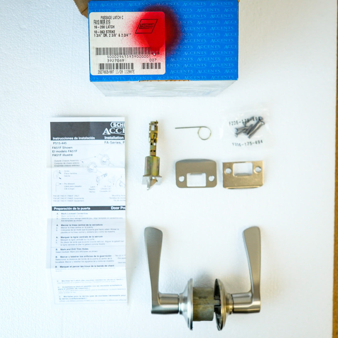 Schlage F10 MER 619 Passage Lever – Merano Style, Satin Nickel