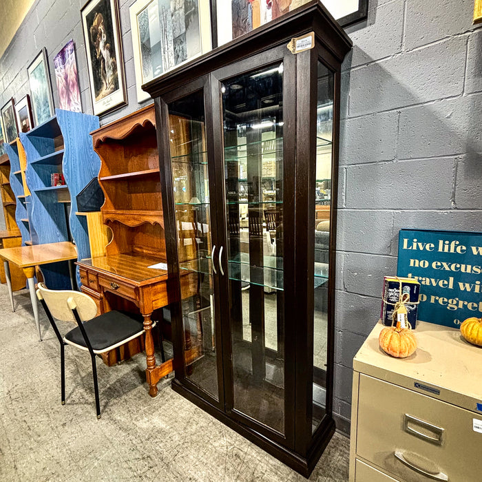 41-Inch Wide Dark Wood Display Cabinet, Mirrored Interior & Glass Shelves