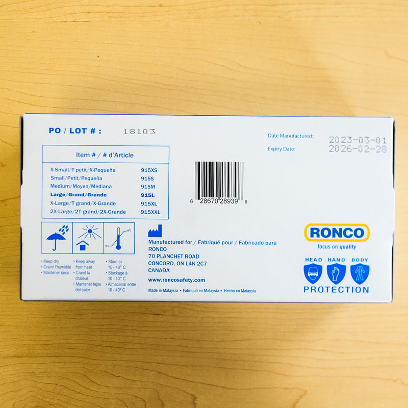RONCO RIVA 4 Blue Nitrile Gloves, Dispenser Pack of 100, Large, Powder-Free, 915L