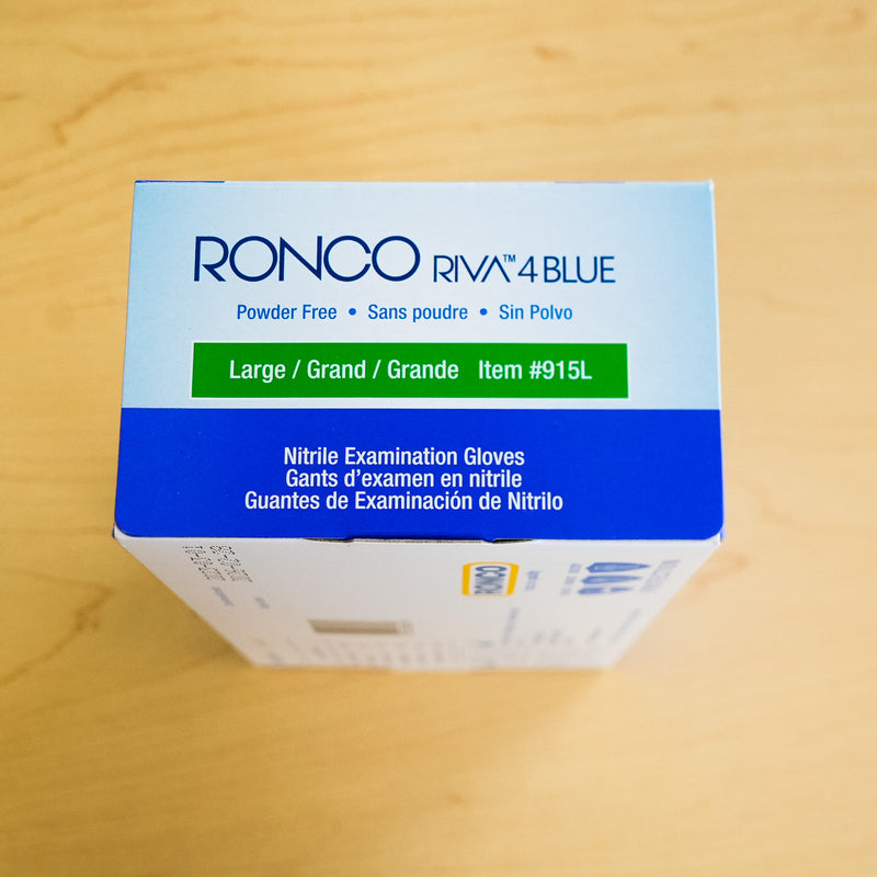 RONCO RIVA 4 Blue Nitrile Gloves, Dispenser Pack of 100, Large, Powder-Free, 915L